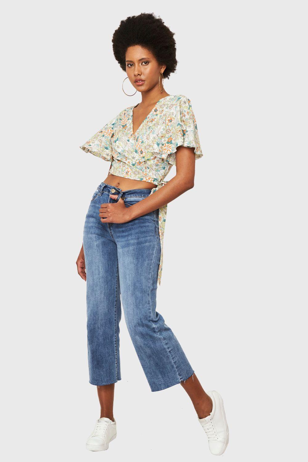 Crop Top Floral Envolvente Verde Nicopoly-1