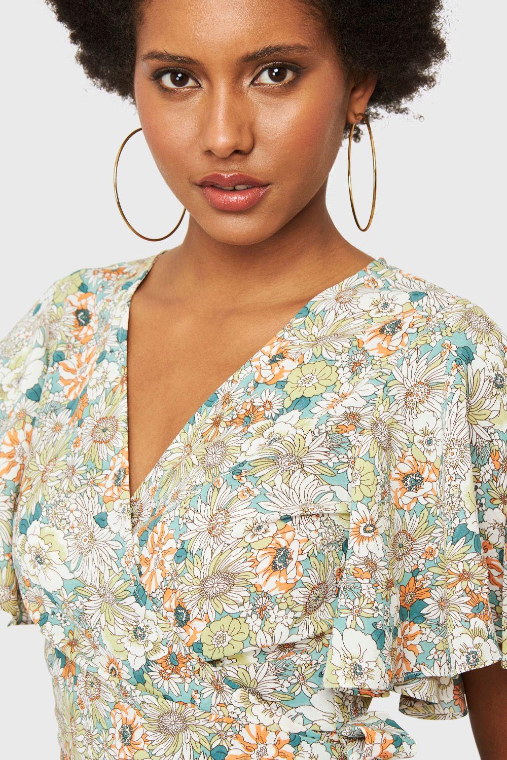 Crop Top Floral Envolvente Verde Nicopoly-5