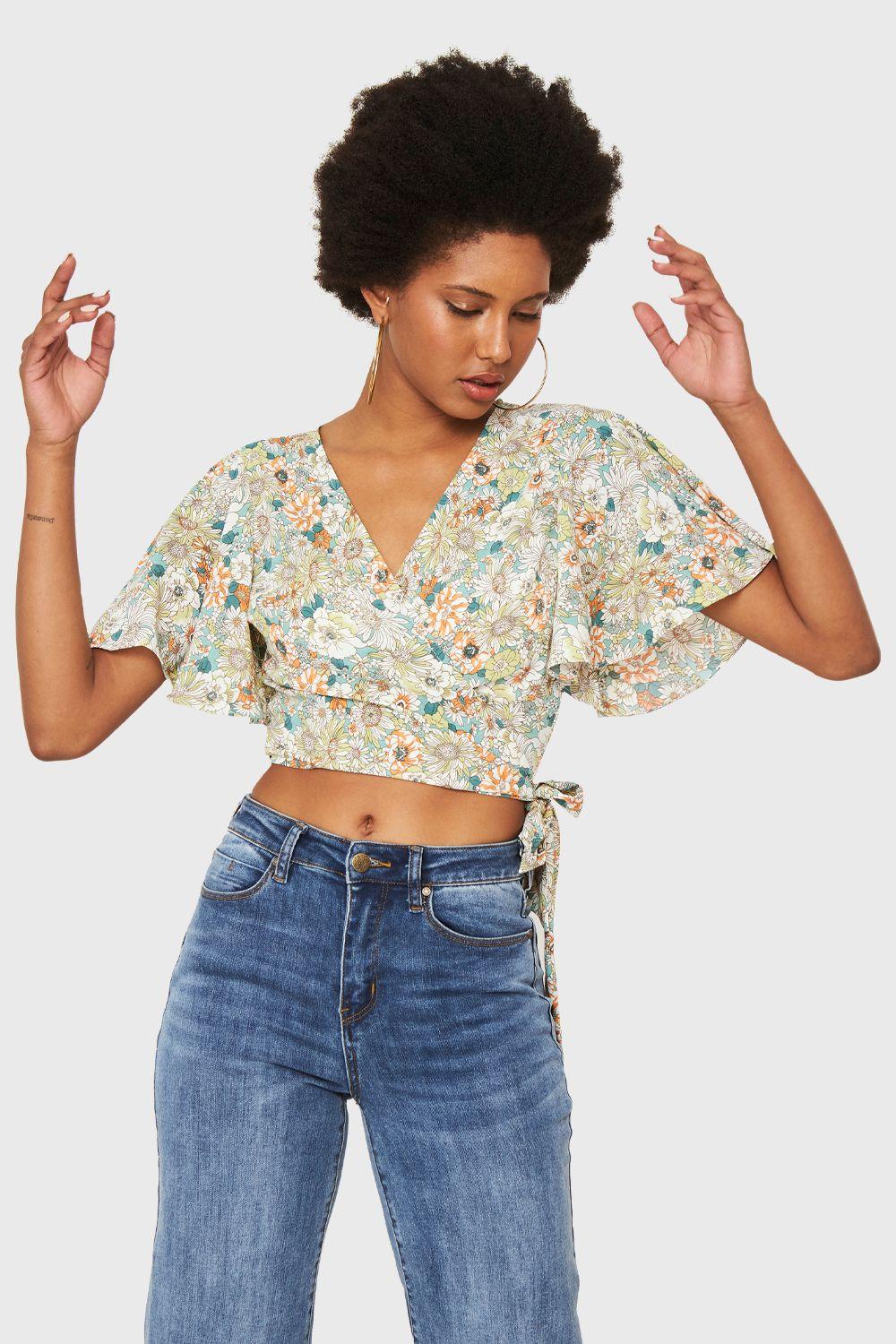 Crop Top Floral Envolvente Verde Nicopoly-0