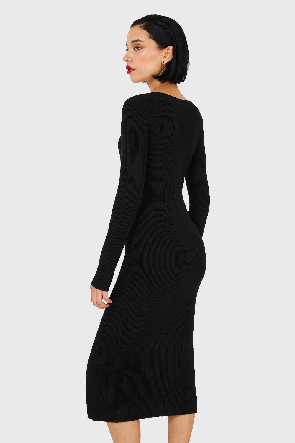 Vestido Midi Acanalado Tajo Negro Nicopoly-3