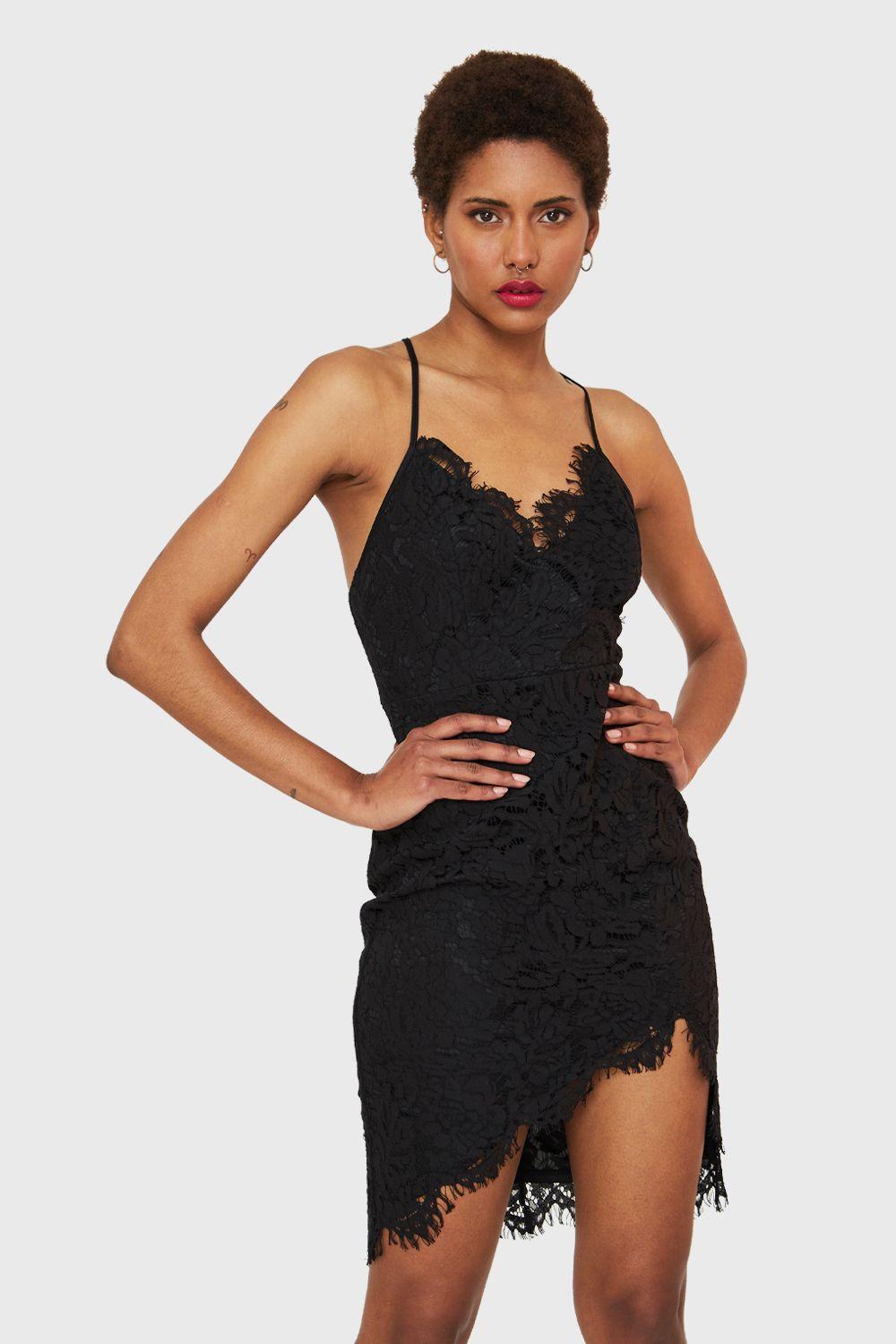 Vestido Encaje Asimétrico Negro Nicopoly-0