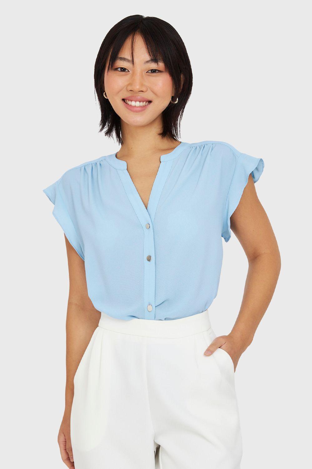 Blusa Cuello Mao Botones Celeste Nicopoly-0
