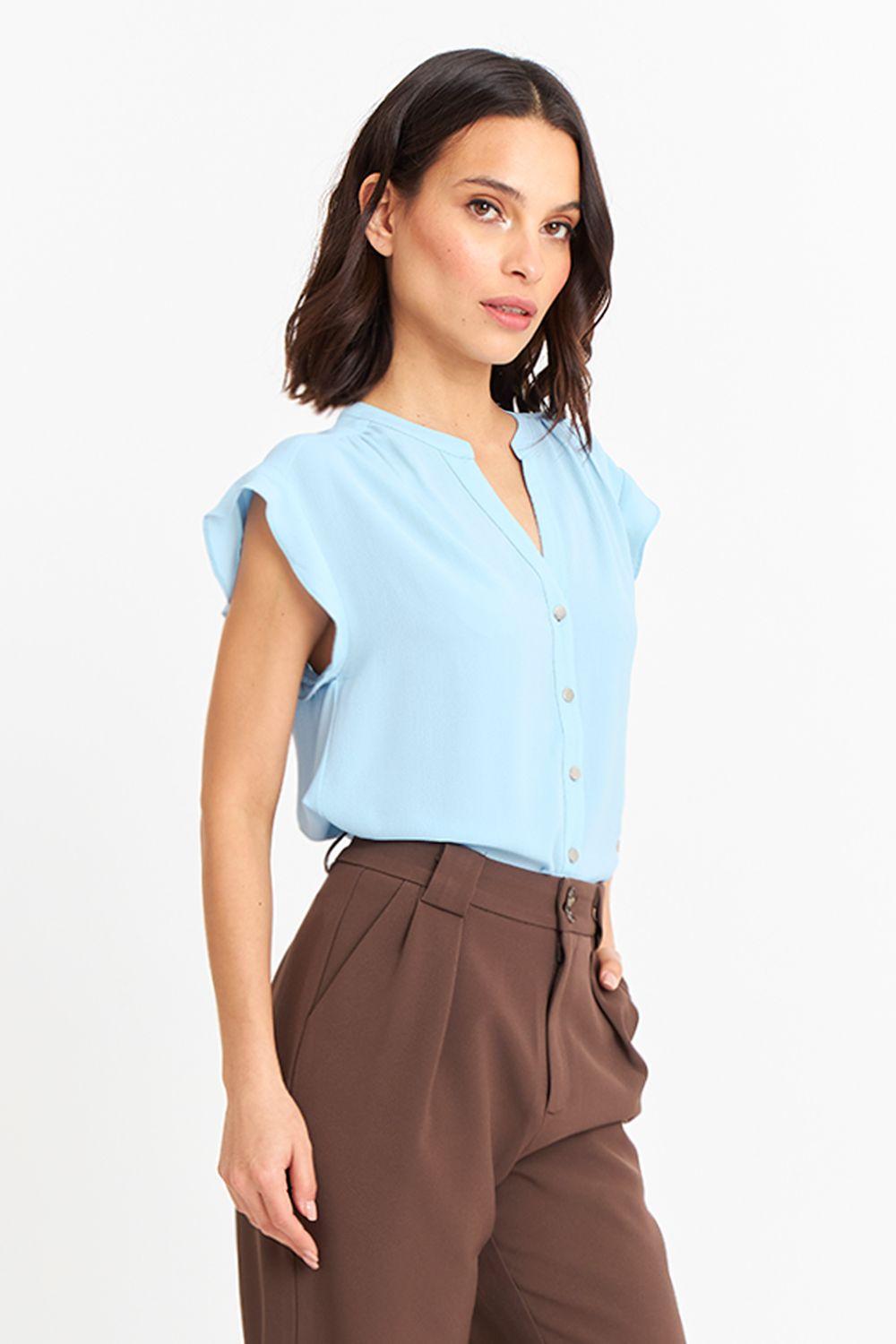Blusa Cuello Mao Botones Celeste Nicopoly-2