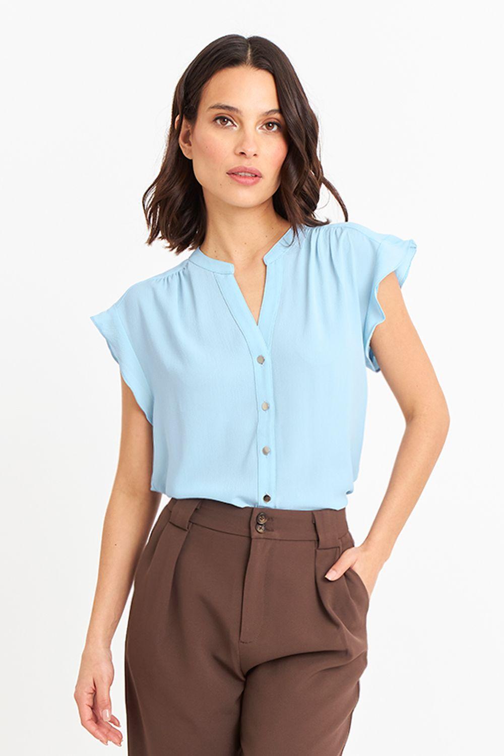 Blusa Cuello Mao Botones Celeste Nicopoly-4