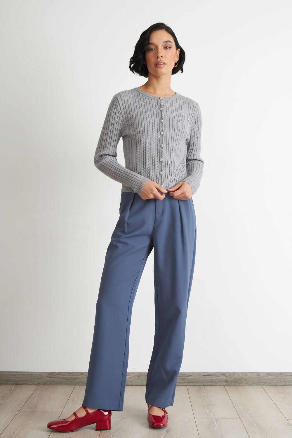 Cárdigan Trenzado Cuello Redondo Gris Nicopoly-1