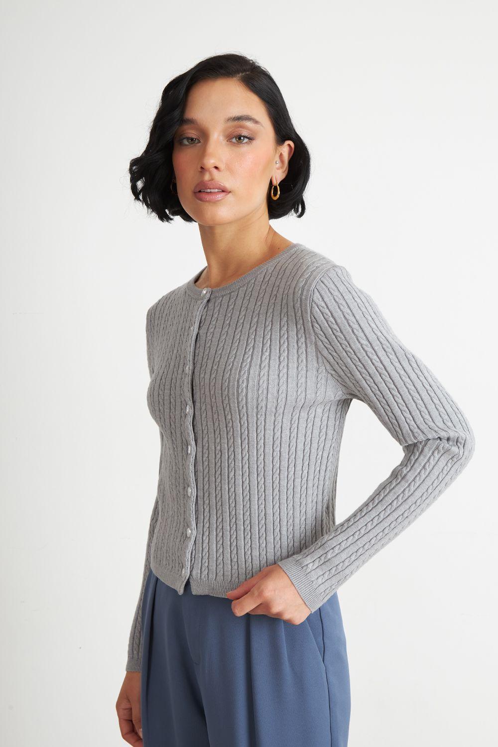 Cárdigan Trenzado Cuello Redondo Gris Nicopoly-2