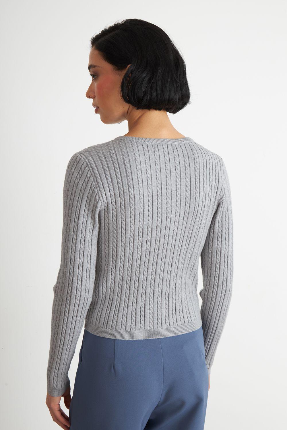 Cárdigan Trenzado Cuello Redondo Gris Nicopoly-3