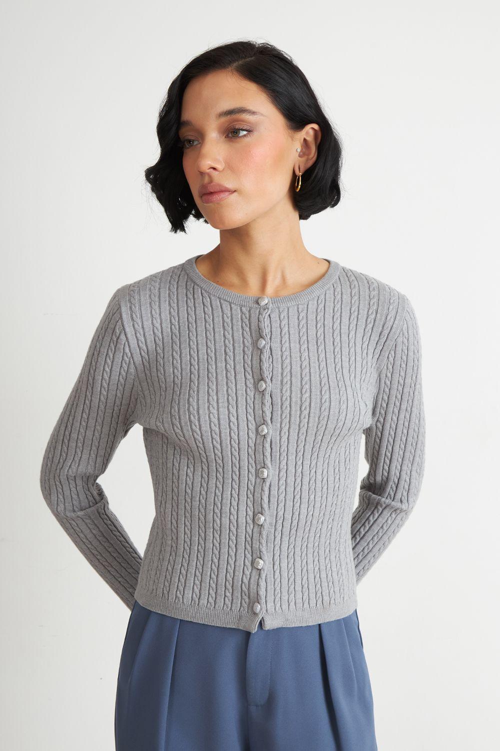 Cárdigan Trenzado Cuello Redondo Gris Nicopoly-4