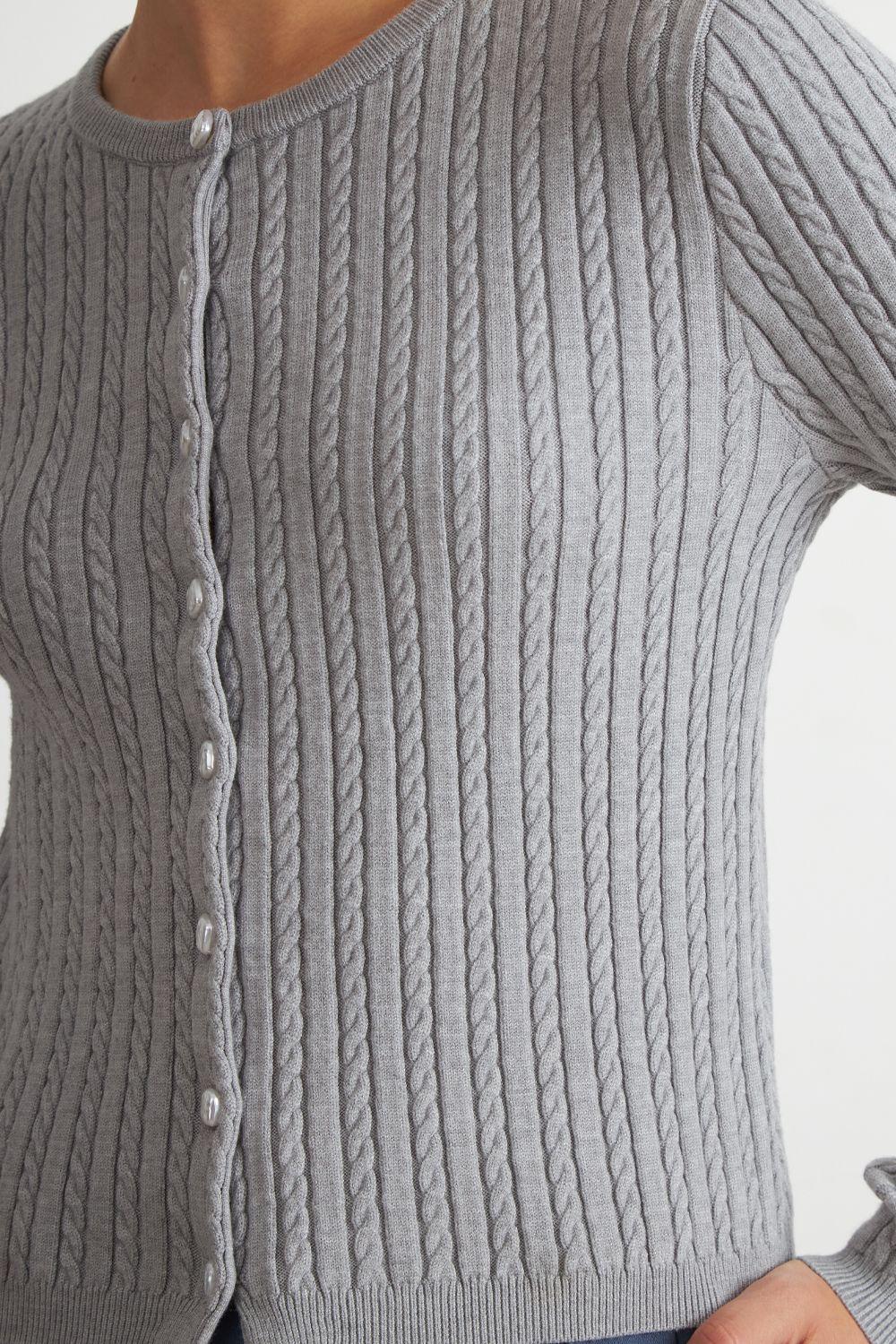 Cárdigan Trenzado Cuello Redondo Gris Nicopoly-5