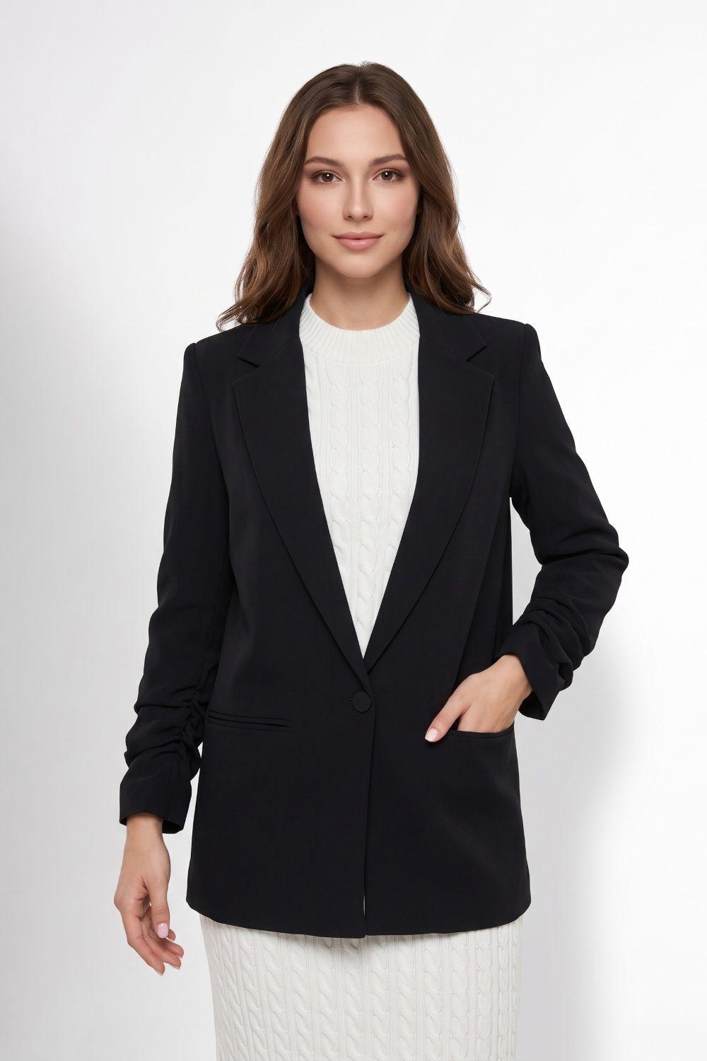 Blazer Largo Manga Drapeada Negro Nicopoly-4