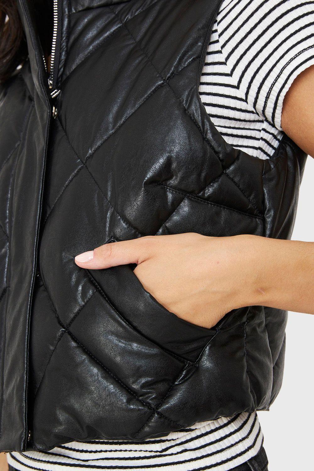 Parka Corta Sin Mangas Tipo Ecocuero Negro Nicopoly-5