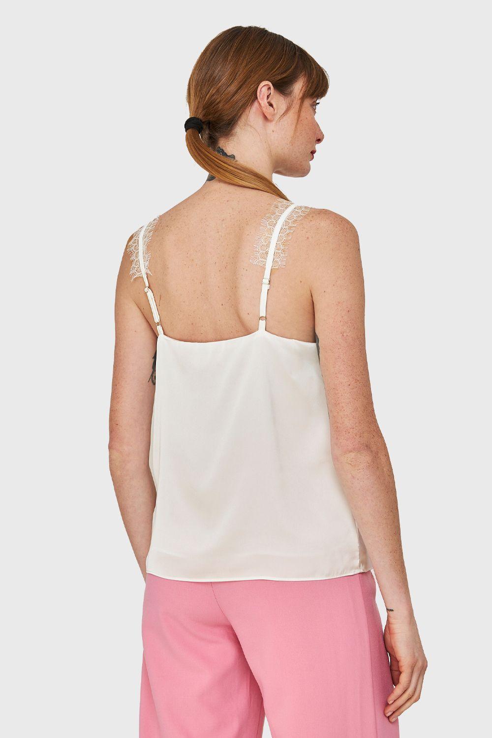 Blusa Satín Encaje Tirante Ancho Blanco Nicopoly-3