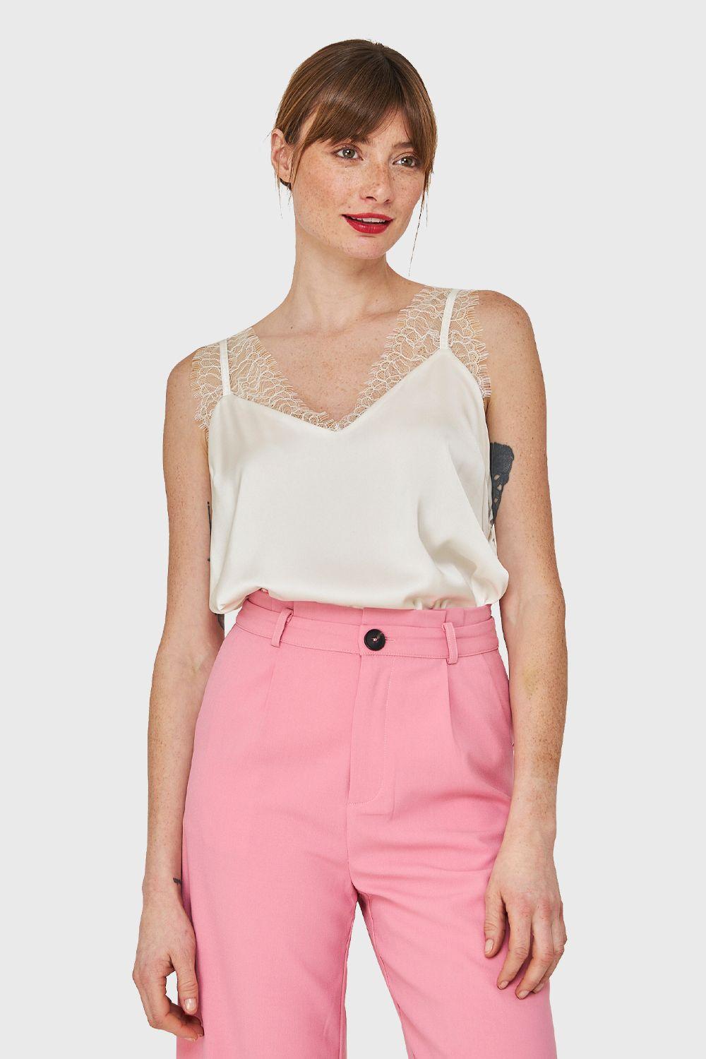 Blusa Satín Encaje Tirante Ancho Blanco Nicopoly-4
