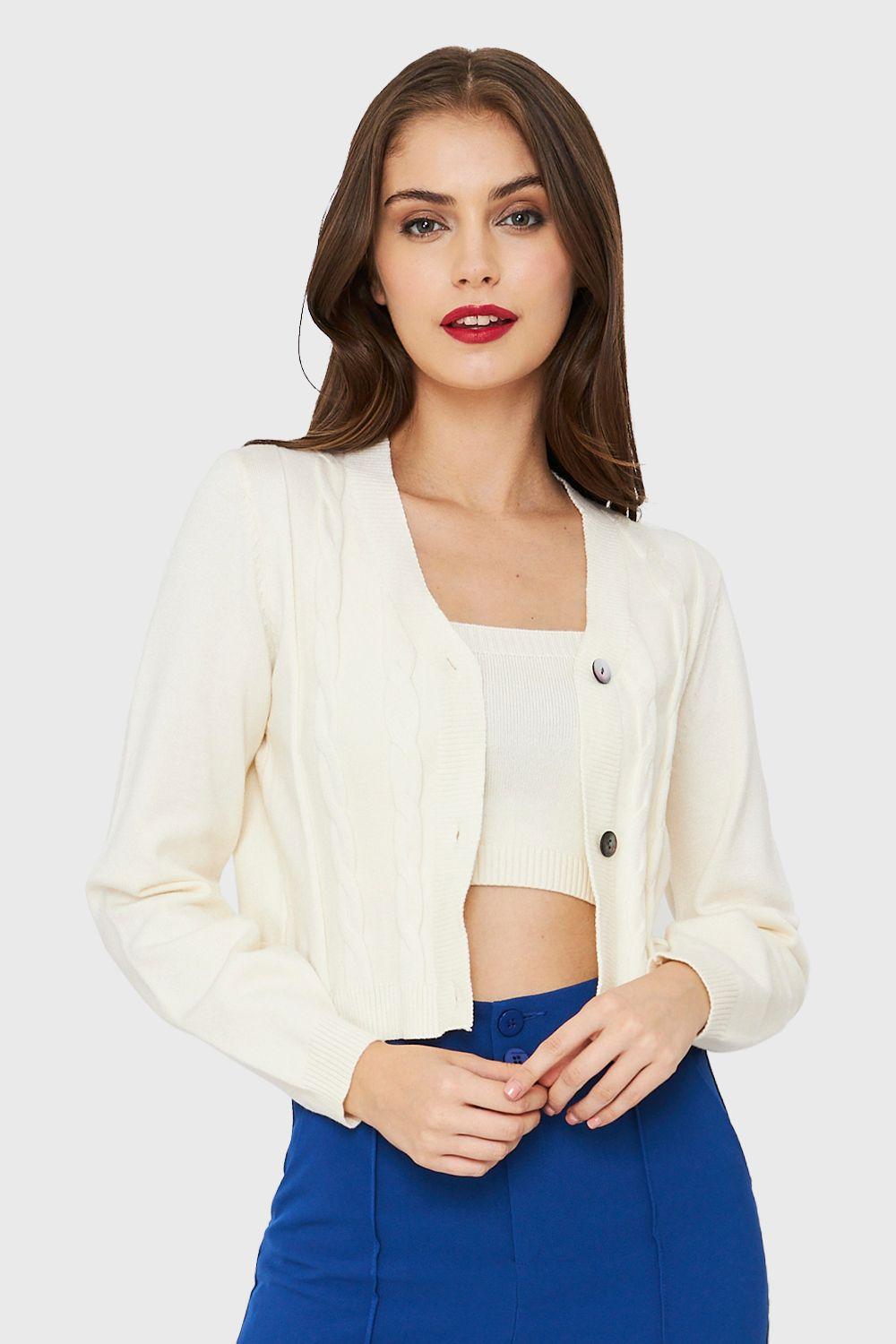 Cárdigan Crop Trenzado Blanco Nicopoly-0