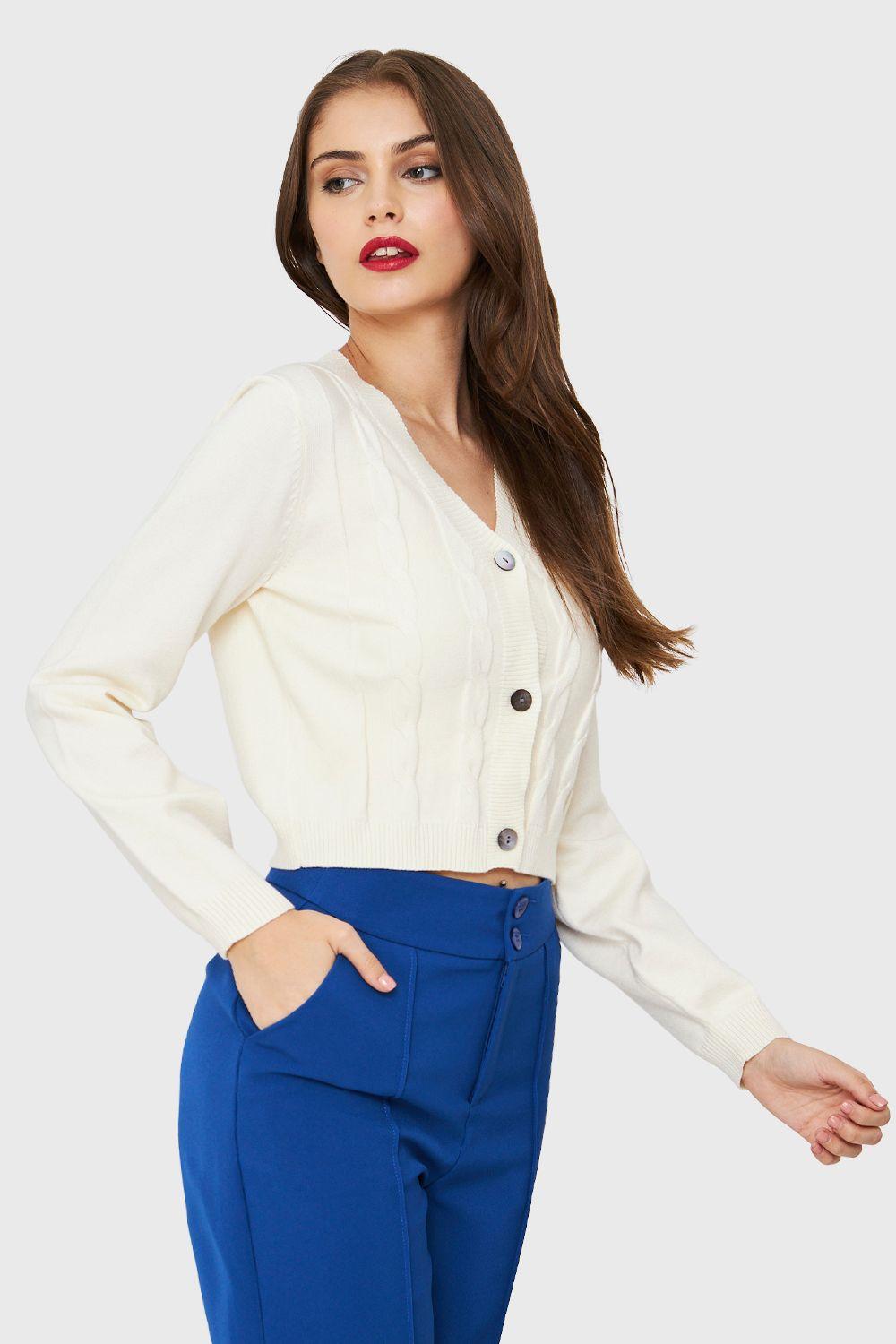 Cárdigan Crop Trenzado Blanco Nicopoly-2
