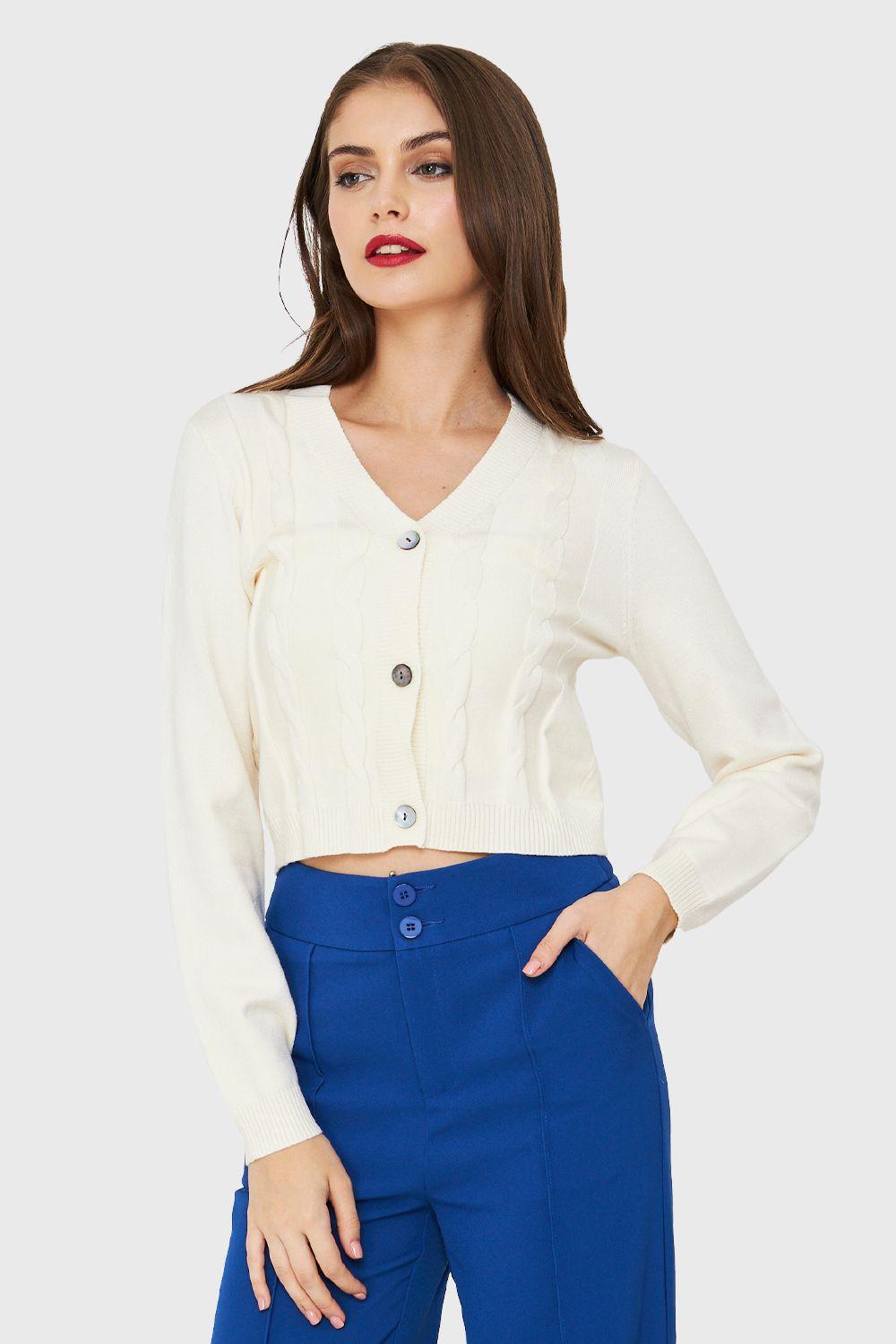 Cárdigan Crop Trenzado Blanco Nicopoly-4