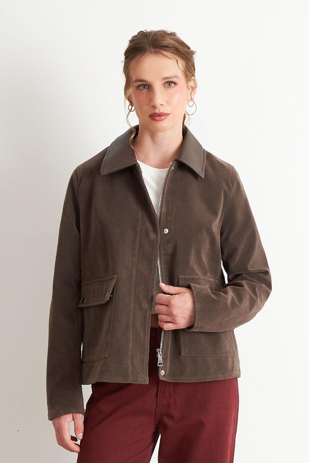 Chaqueta Tipo Gamuza Cuello Ecocuero Café Nicopoly-0