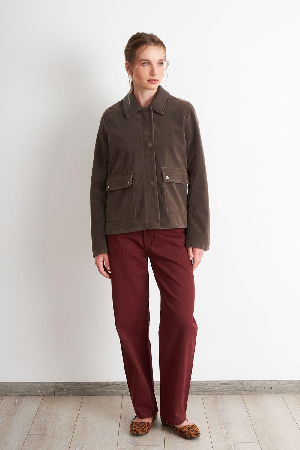 Chaqueta Tipo Gamuza Cuello Ecocuero Café Nicopoly-1