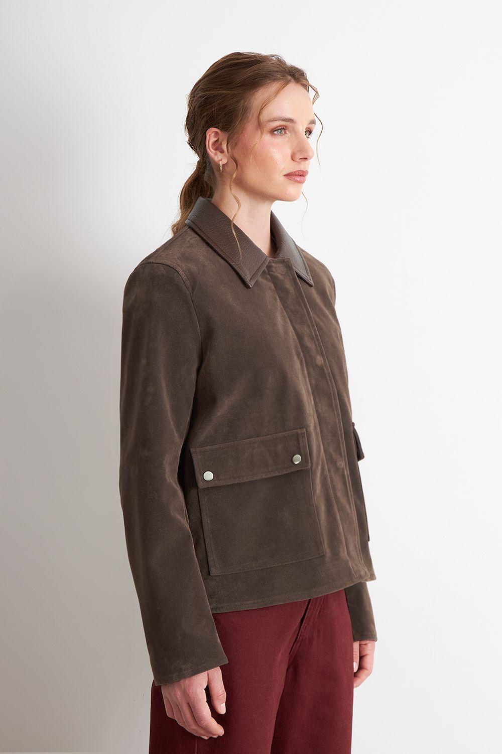 Chaqueta Tipo Gamuza Cuello Ecocuero Café Nicopoly-2