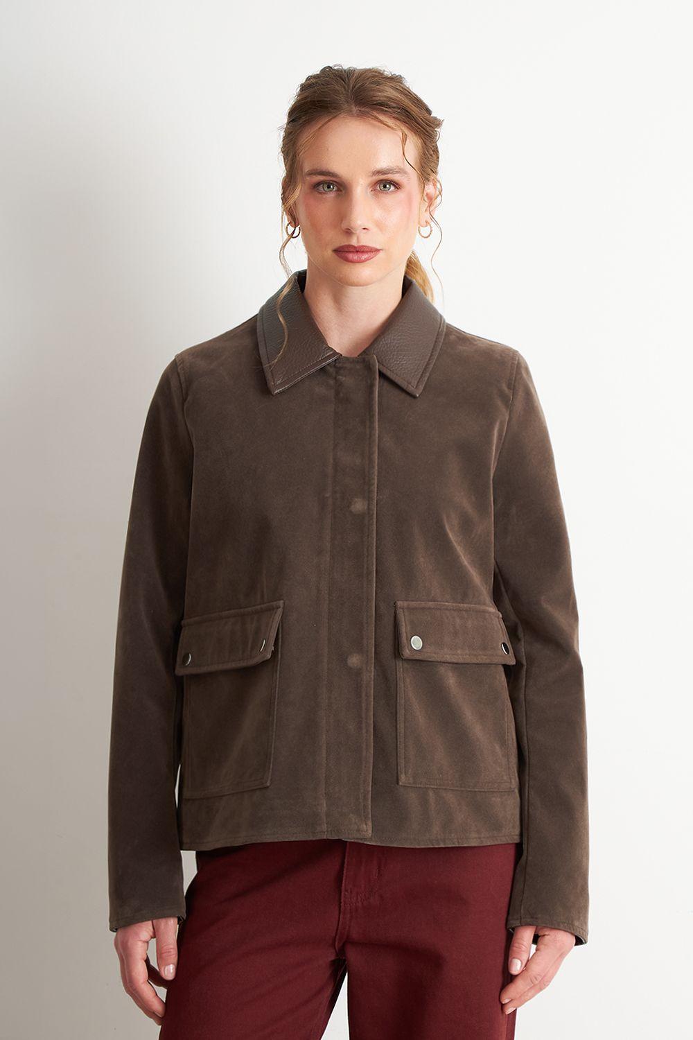 Chaqueta Tipo Gamuza Cuello Ecocuero Café Nicopoly-4