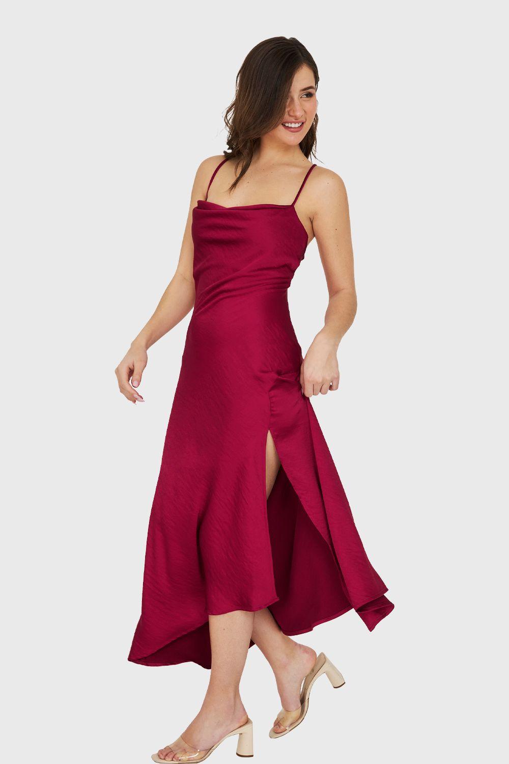 Vestido Midi Escote Drapeado Burdeo Nicopoly-2