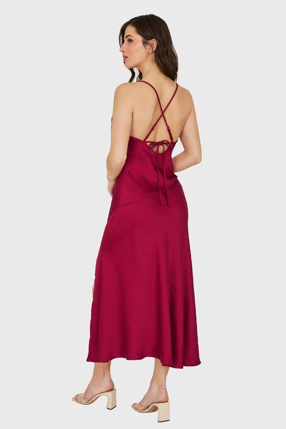 Vestido Midi Escote Drapeado Burdeo Nicopoly-3