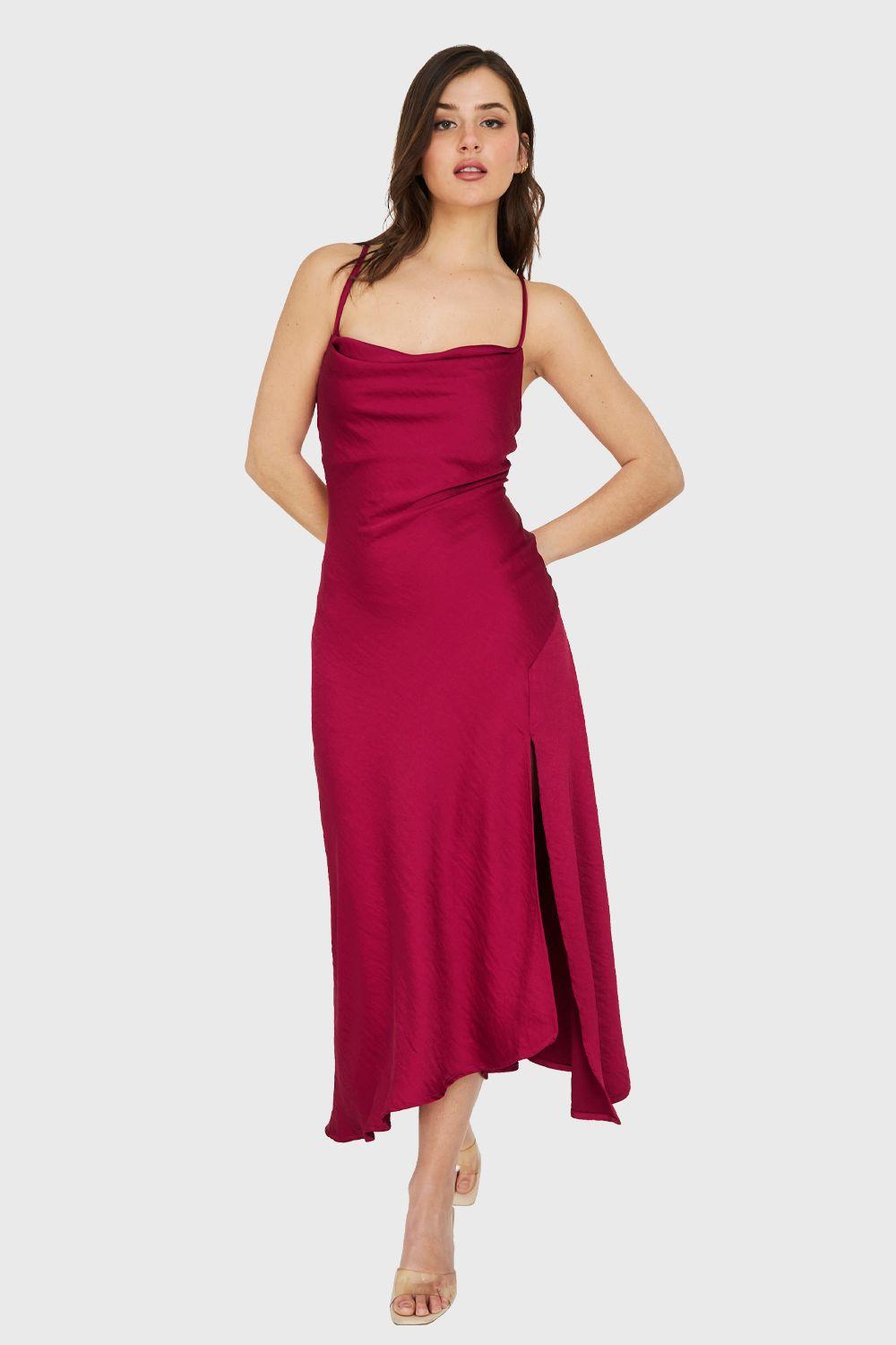 Vestido Midi Escote Drapeado Burdeo Nicopoly-4