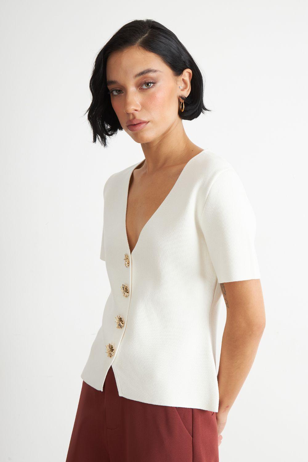 Polera Hilo Cuello V Botones Blanco Nicopoly-2