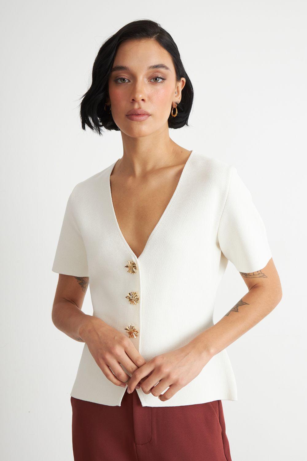 Polera Hilo Cuello V Botones Blanco Nicopoly-4