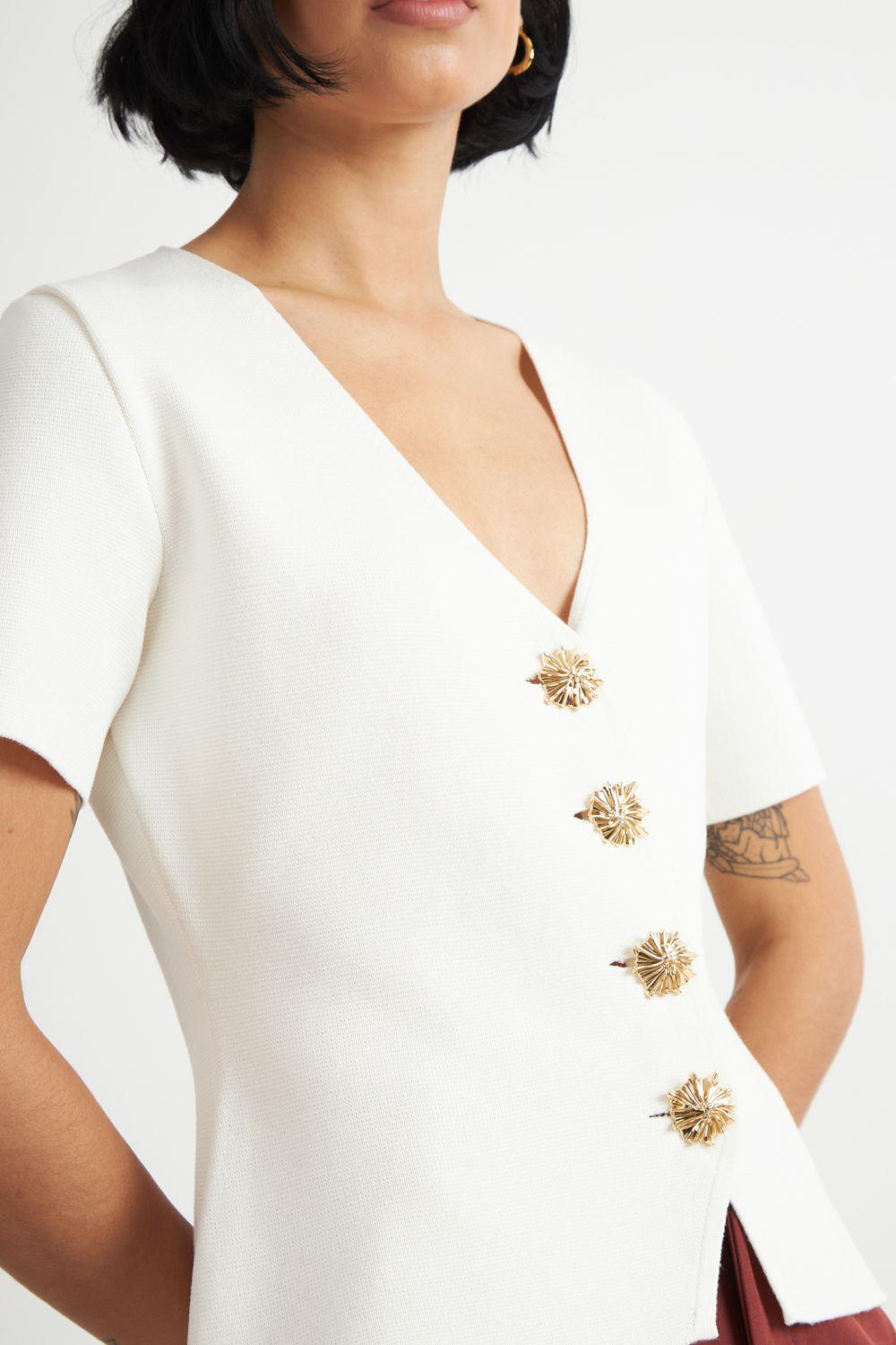 Polera Hilo Cuello V Botones Blanco Nicopoly-5