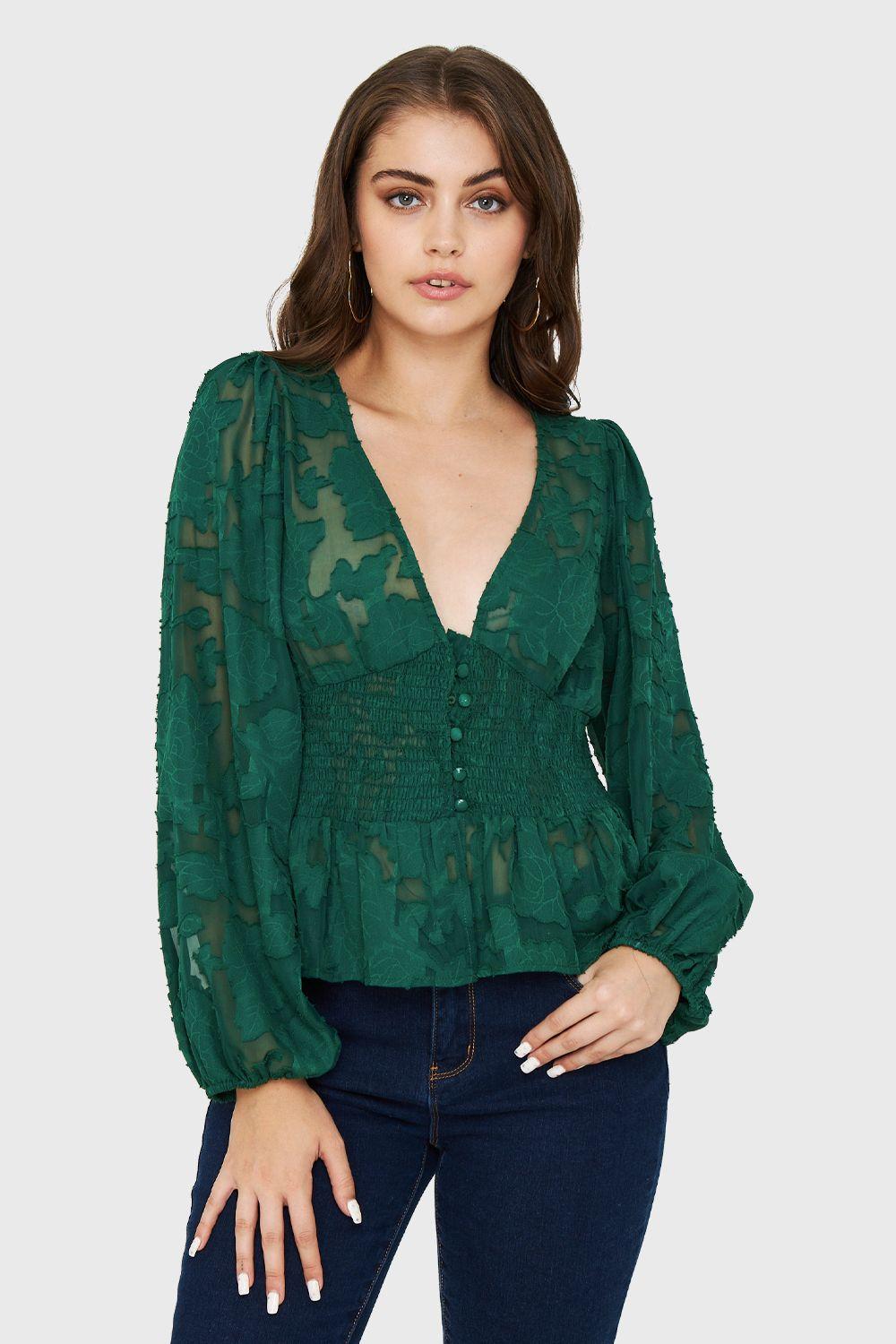 Blusa Transparente Flores Verde Nicopoly-4
