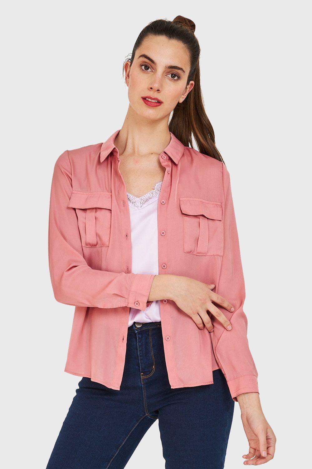 Blusa Bolsillos Tipo Satín Rosa Nicopoly-4
