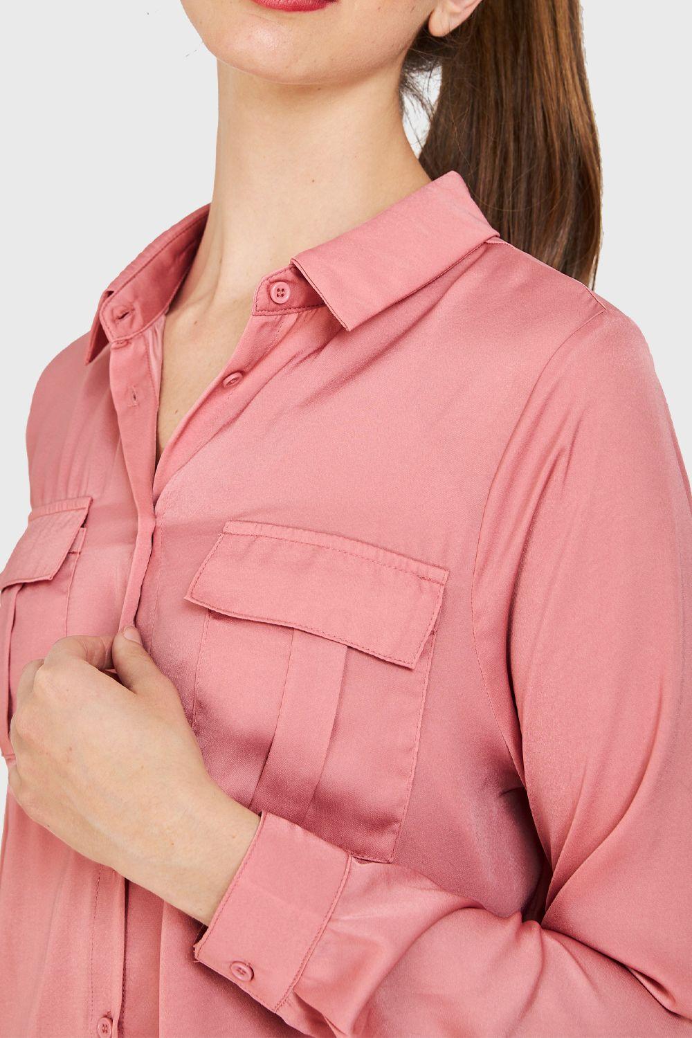 Blusa Bolsillos Tipo Satín Rosa Nicopoly-5