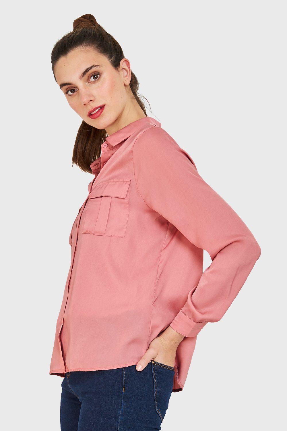 Blusa Bolsillos Tipo Satín Rosa Nicopoly-2