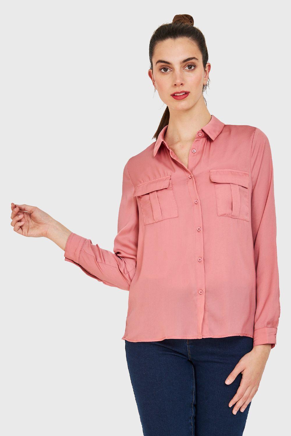Blusa Bolsillos Tipo Satín Rosa Nicopoly-0