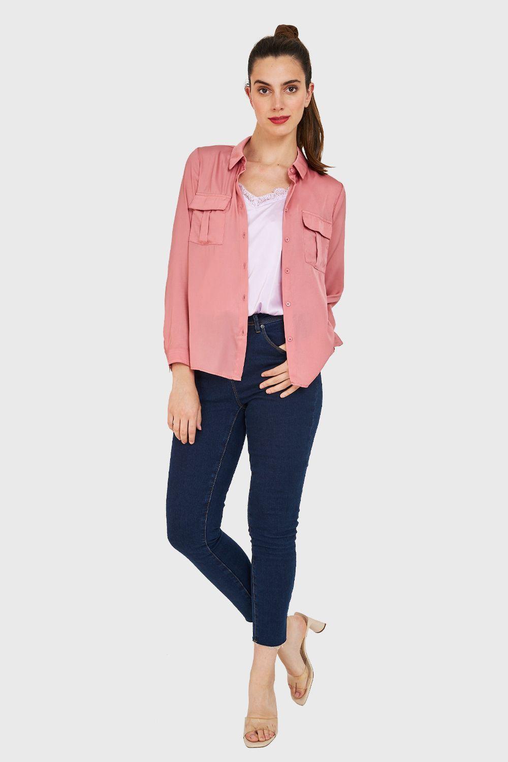 Blusa Bolsillos Tipo Satín Rosa Nicopoly-1