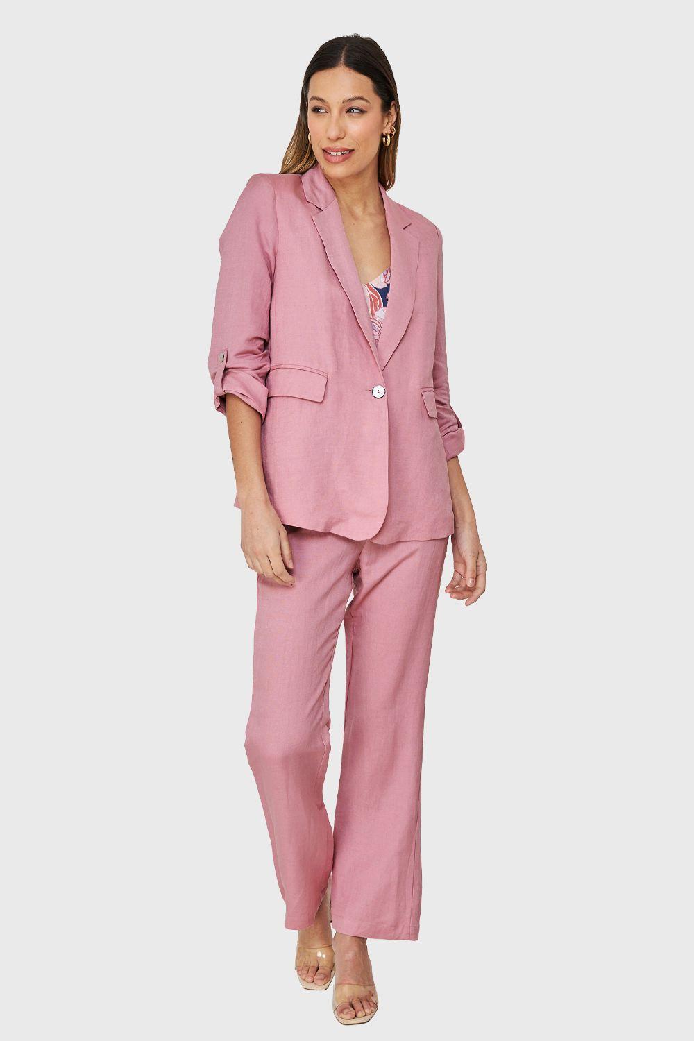 Blazer Tipo Lino Manga 3/4 Ajustable Rosado Nicopoly-1