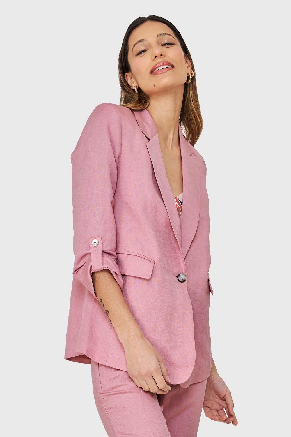 Blazer Tipo Lino Manga 3/4 Ajustable Rosado Nicopoly-2