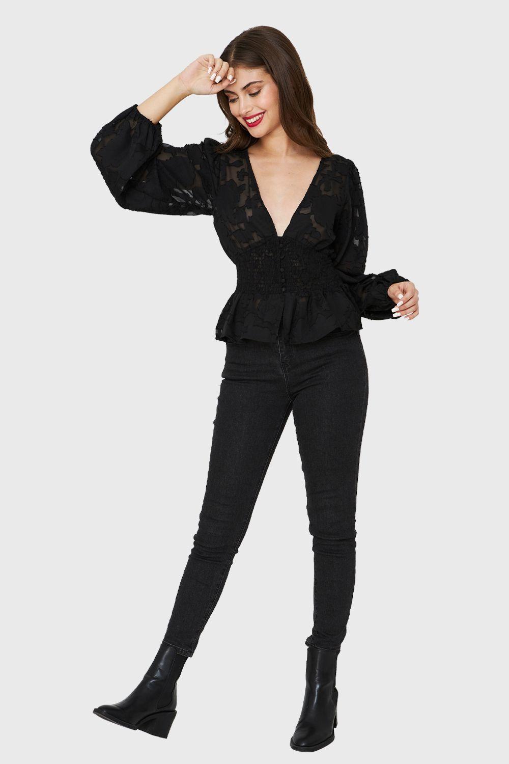 Blusa Transparente Flores Negro Nicopoly-1