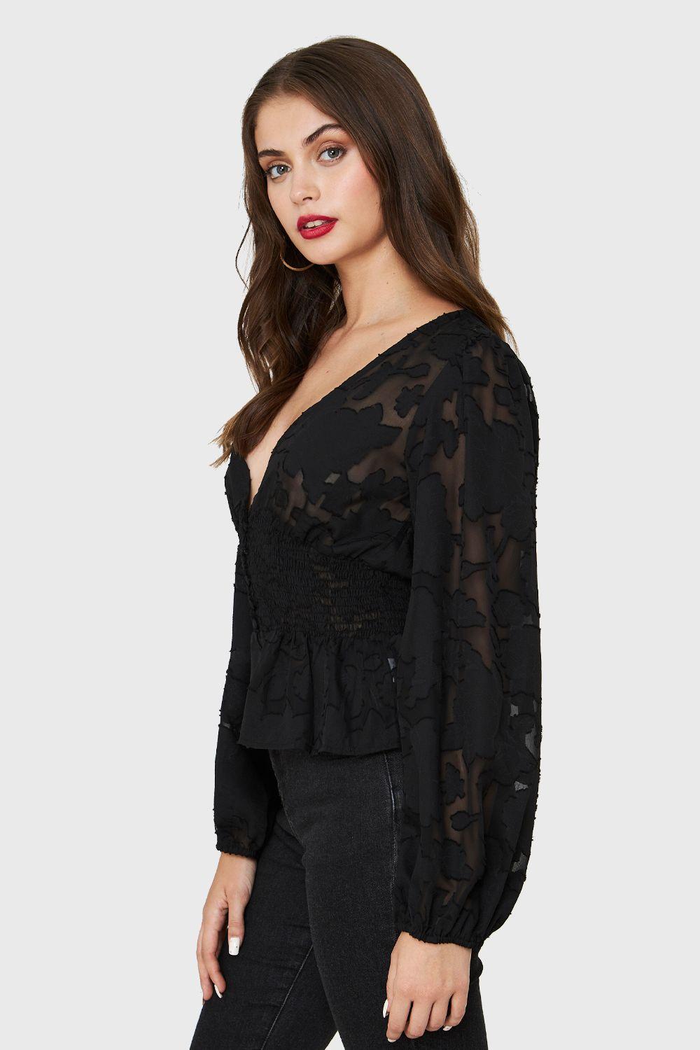 Blusa Transparente Flores Negro Nicopoly-2
