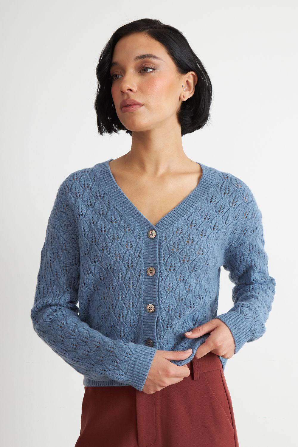 Cárdigan Tejido Calado Cuello V Celeste Nicopoly-0