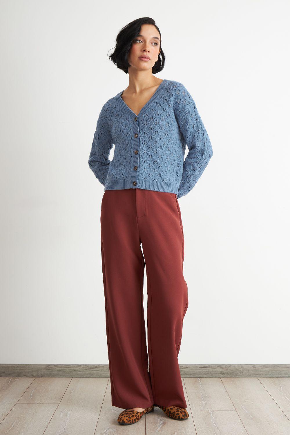 Cárdigan Tejido Calado Cuello V Celeste Nicopoly-1