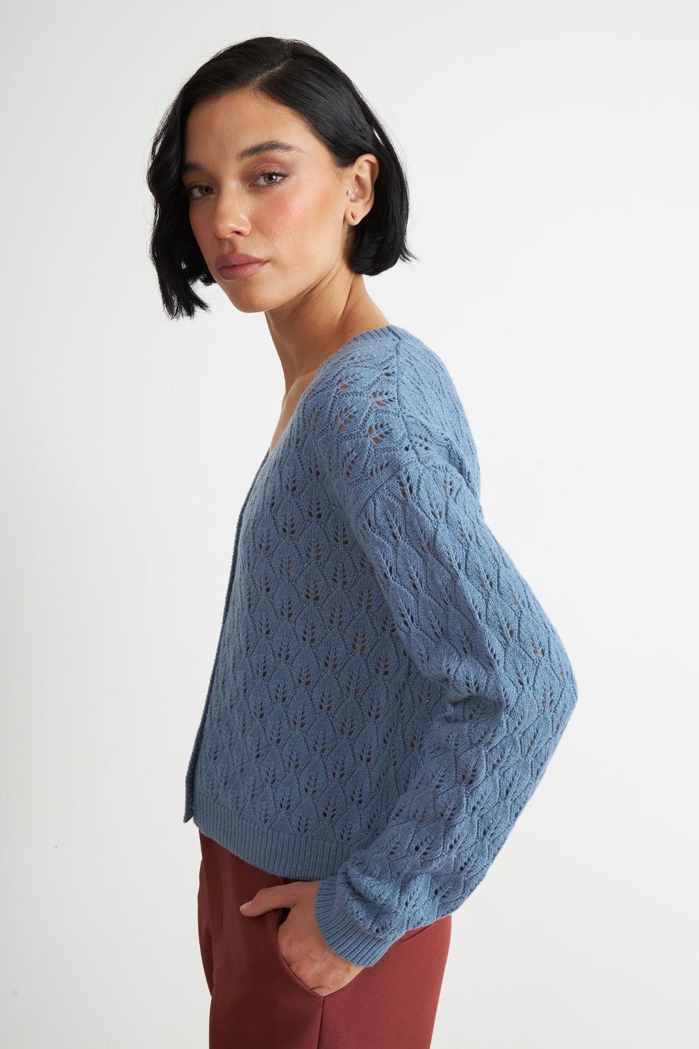 Cárdigan Tejido Calado Cuello V Celeste Nicopoly-2