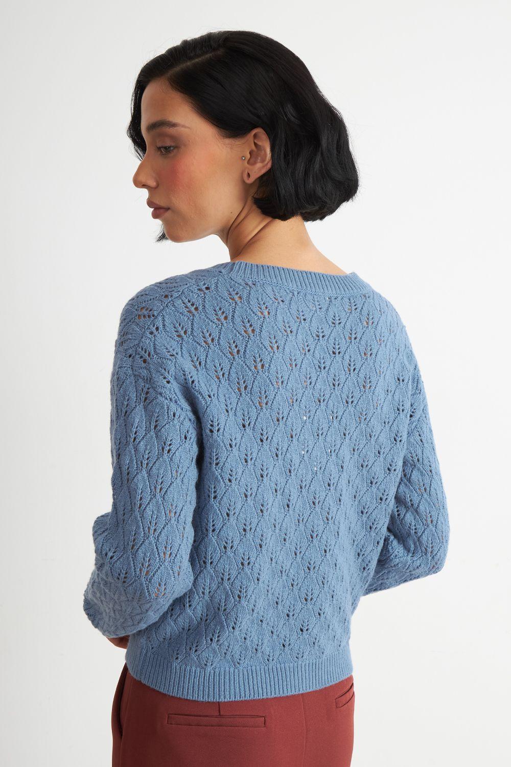 Cárdigan Tejido Calado Cuello V Celeste Nicopoly-3