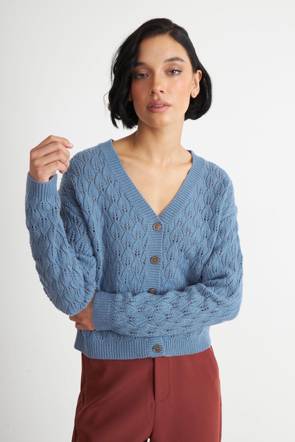 Cárdigan Tejido Calado Cuello V Celeste Nicopoly-4
