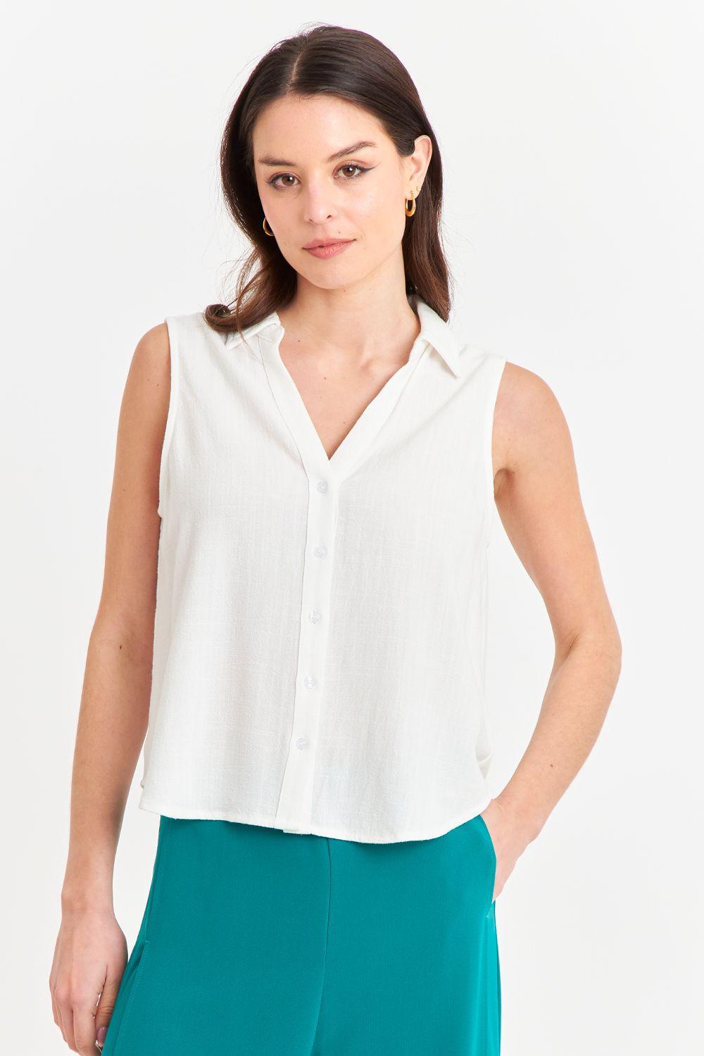 Camisa Sin Mangas Tipo Lino Blanco Nicopoly-0