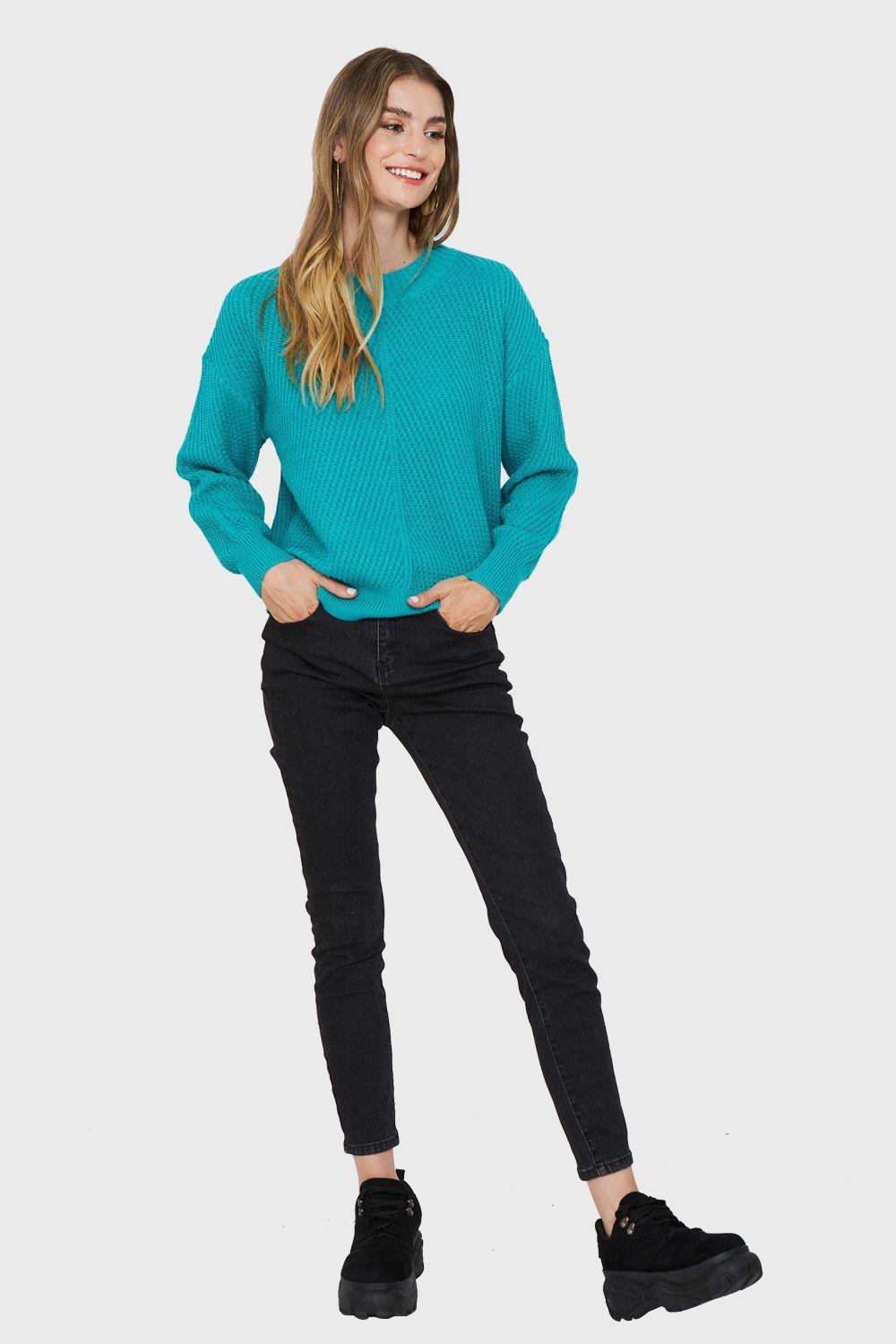 Sweater Acanalado Cuello Redondo Turquesa Nicopoly-1