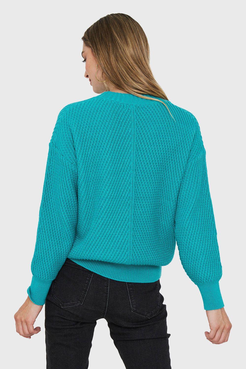 Sweater Acanalado Cuello Redondo Turquesa Nicopoly-3