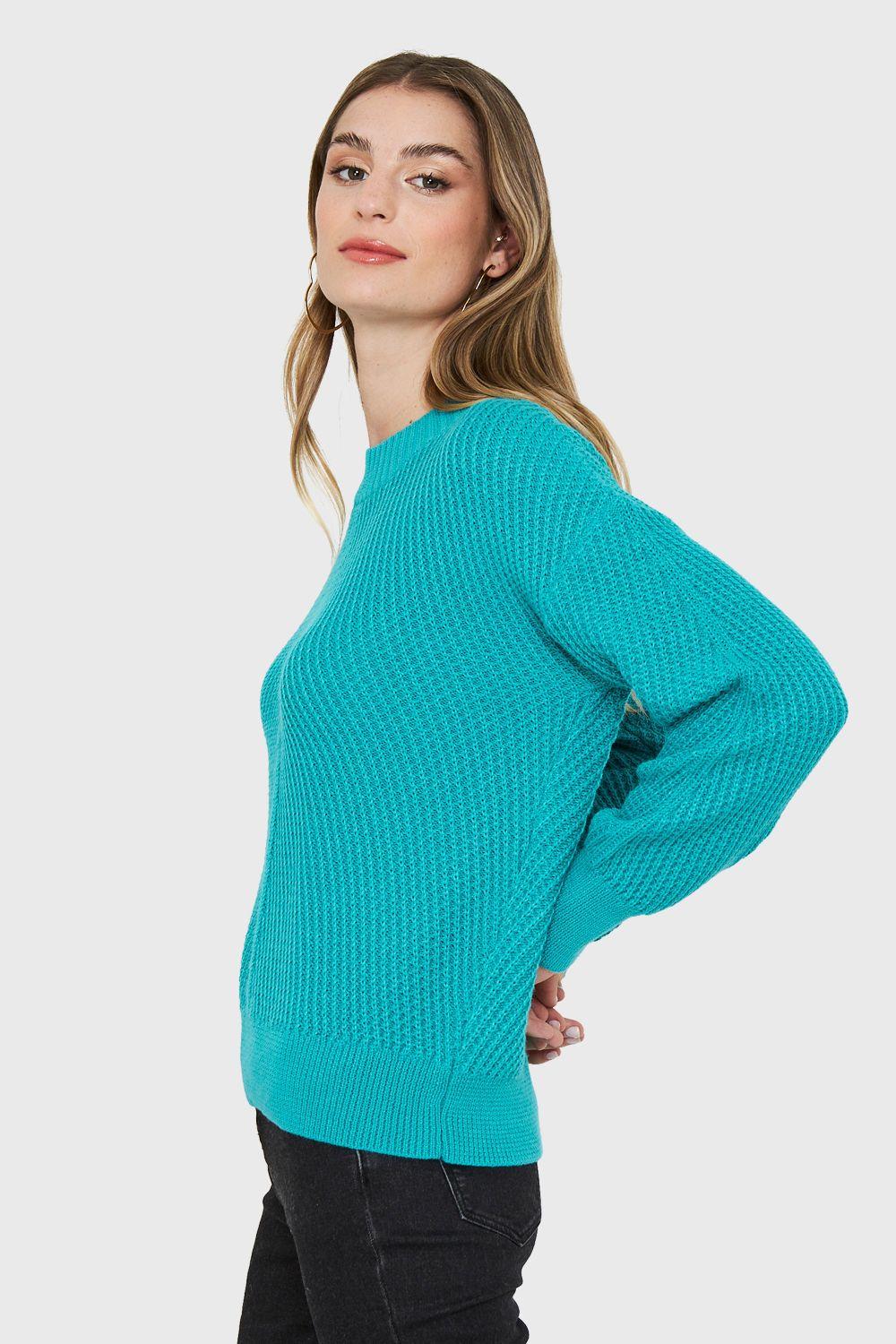 Sweater Acanalado Cuello Redondo Turquesa Nicopoly-2