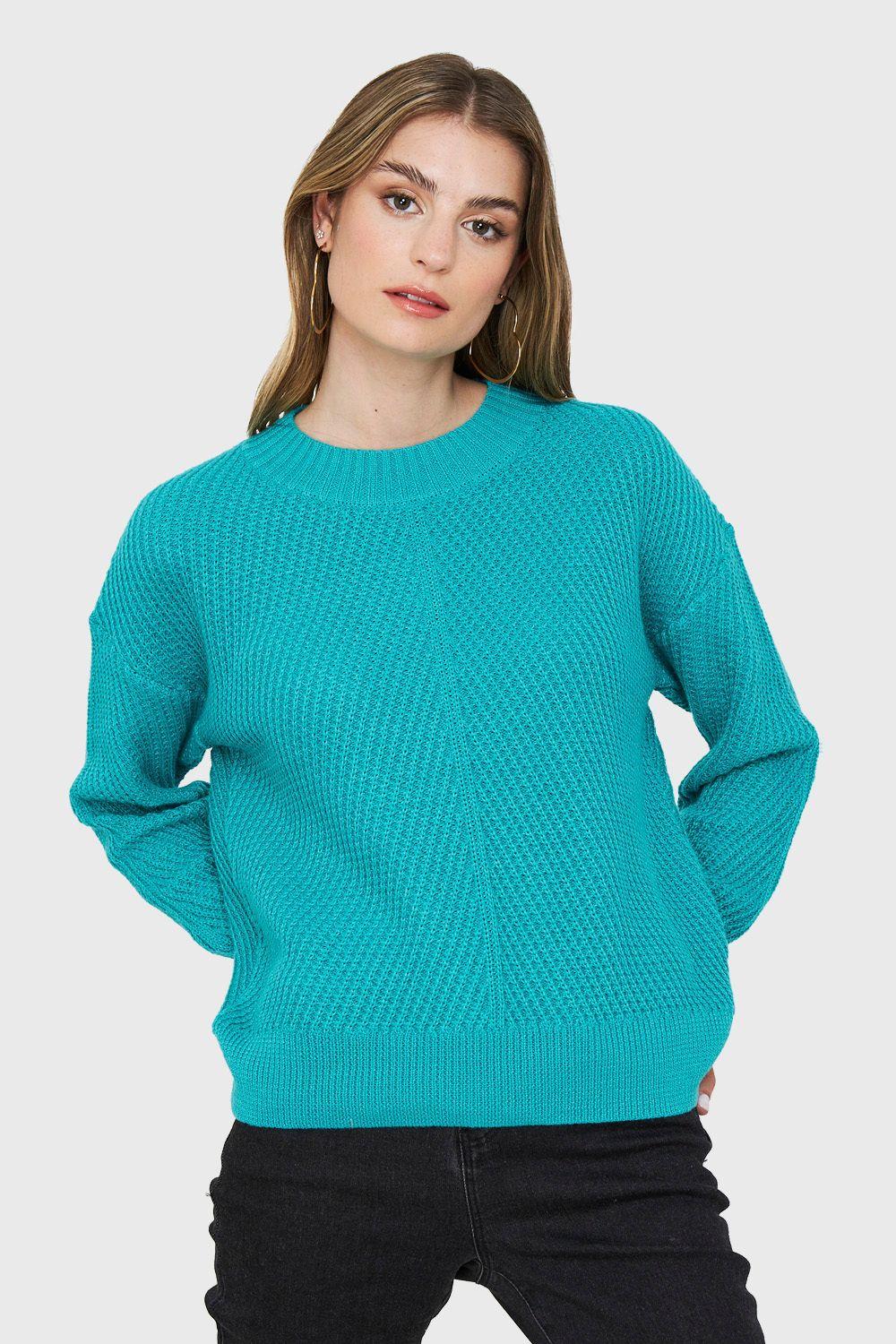Sweater Acanalado Cuello Redondo Turquesa Nicopoly-4